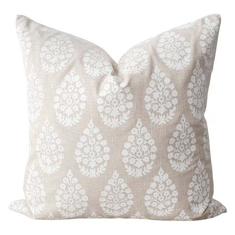 Beige Floral Pillow,  Neutral Throw Pillow Cover, Floral Block Print Pillow, Beige Decorative Pil... | Etsy (US)