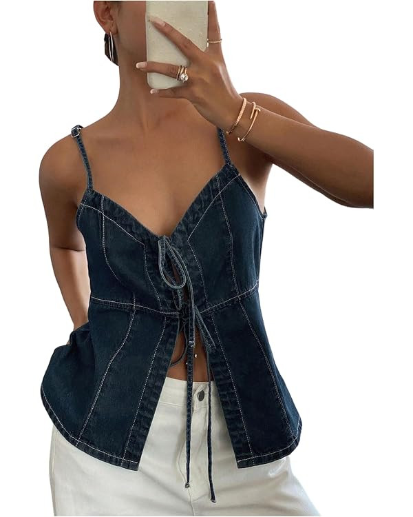 RoseSeek Women's Tie Front Denim Tops Y2K Sleeveless Jean Shirt Split Summer Camisole Top | Amazon (US)