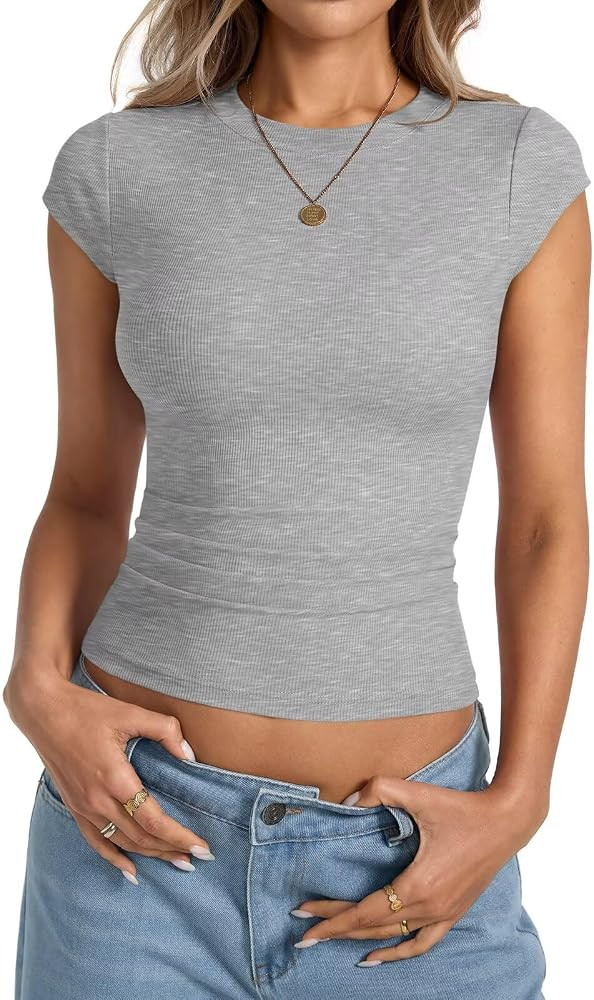 EasyGala Womens Cap Sleeve Ribbed Tops Summer Crew Neck Short Sleeve Shirts | Amazon (US)