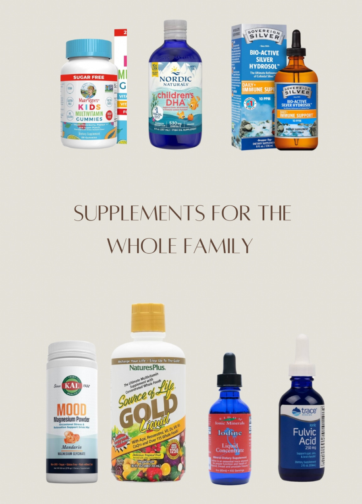 Supplements for the whole family. Besides the magnesium, kids can take all of these. 

#LTKFamily #LTKKids #LTKFitness