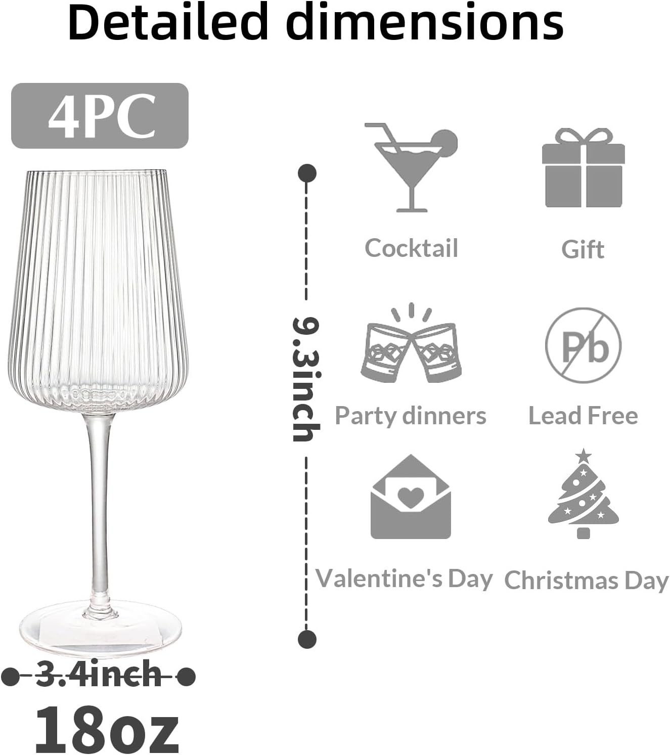 Hand Blown Ribbed Wine Glasses with stem, Clear, Lead-Free Crystal Glasses, Luxury Gift, Set of 4... | Amazon (US)