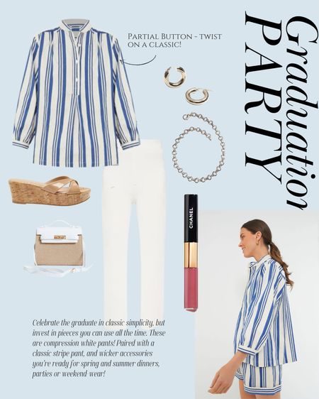 French blue and white striped button down, compression white pants, nude wedge slides and a Hermes Kelly handbag dupe in white and rattan. Silver accessories and a pink lipgloss. Pretty graduation party, summer dinner outfit  

#LTKparties #LTKover40 #LTKitbag