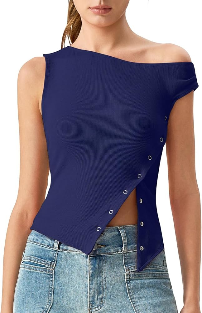 QINSEN Womens Off Shoulder Asymmetrical Tops Diagonal Button-up Closure Split Hem Cropped T Shirt... | Amazon (US)