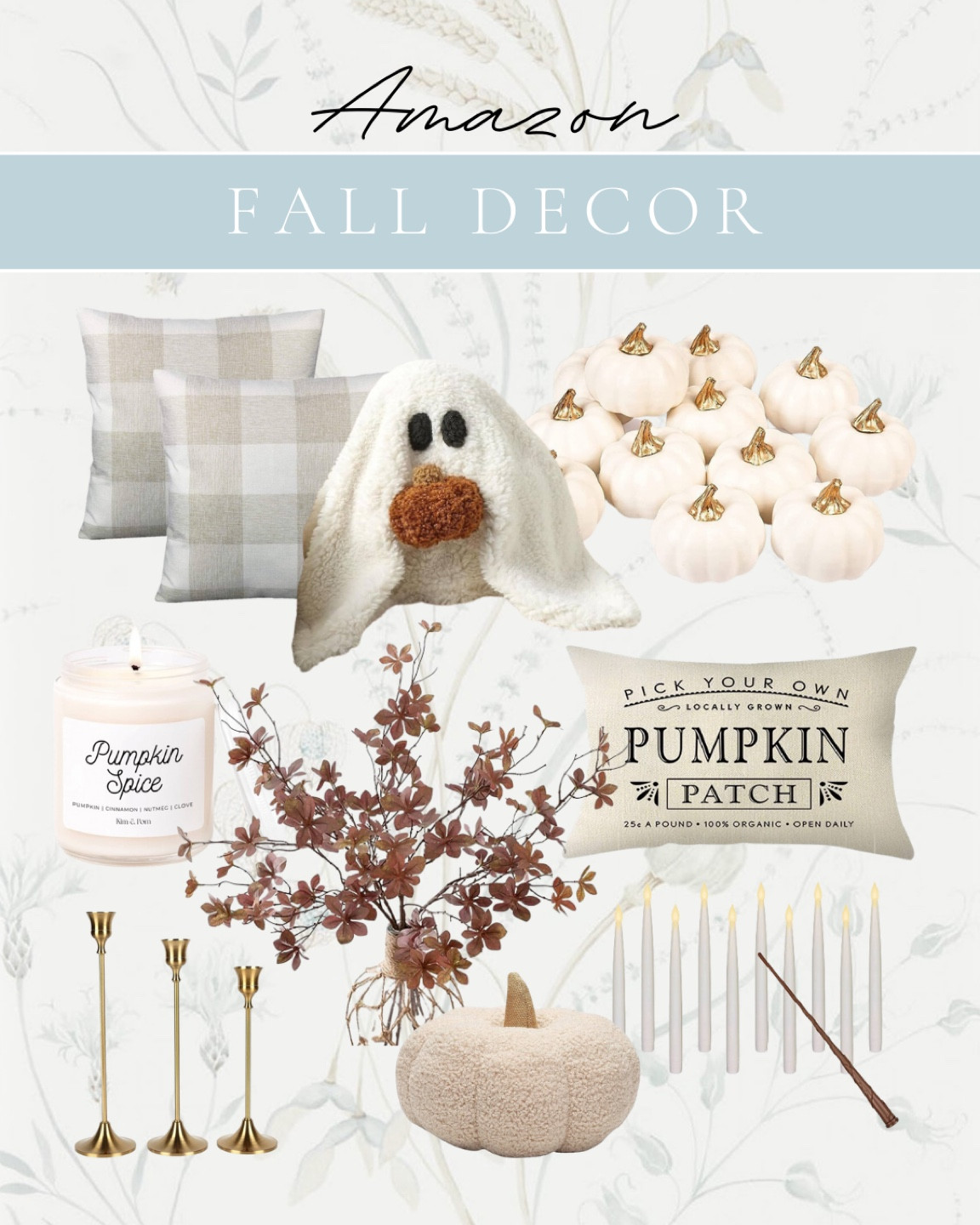 Amazon Fall decor. Gus the ghost pumpkin pillow. Brass candlesticks. Gingham pillow set. Harry Potter battery floating candles with wand. Boucle pumpkin  

#LTKHalloween #LTKHoliday #LTKSeasonal