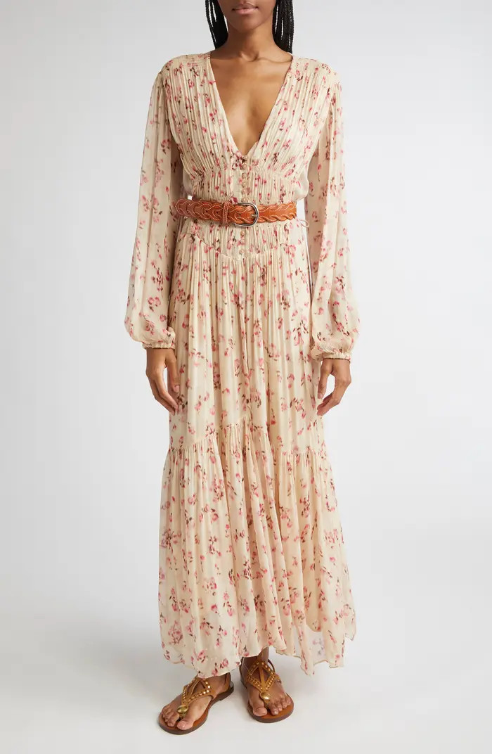 Briane Floral Plunge Neck Tie Waist Maxi Dress | Nordstrom