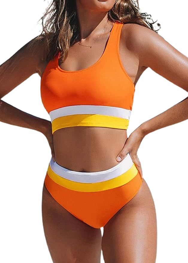 Hilinker Women's High Waisted Bikini Cut Out Sports Crop Top Color Block Swimsuit | Amazon (US)