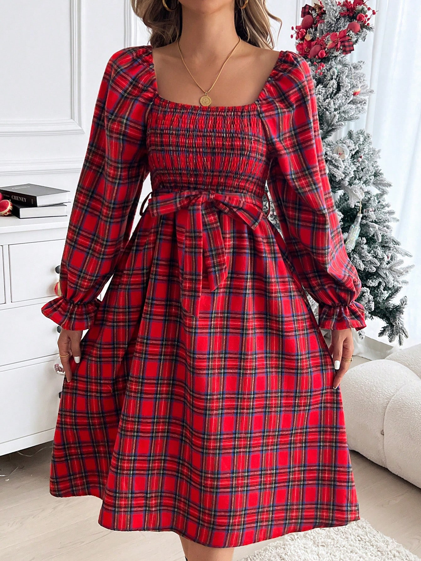 Women's Midi Dress - Featuring A Wide Collar, Lantern Sleeves, Long Sleeves, Drawstring, Elastic ... | SHEIN