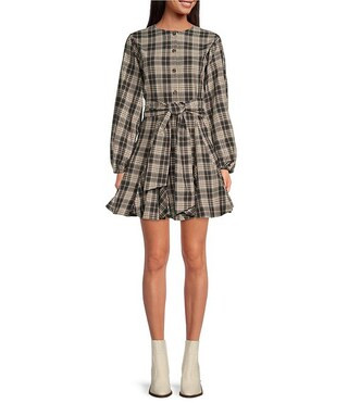 Charlie Plaid Button Front Crew Neck Long Sleeve Dress | Dillard's