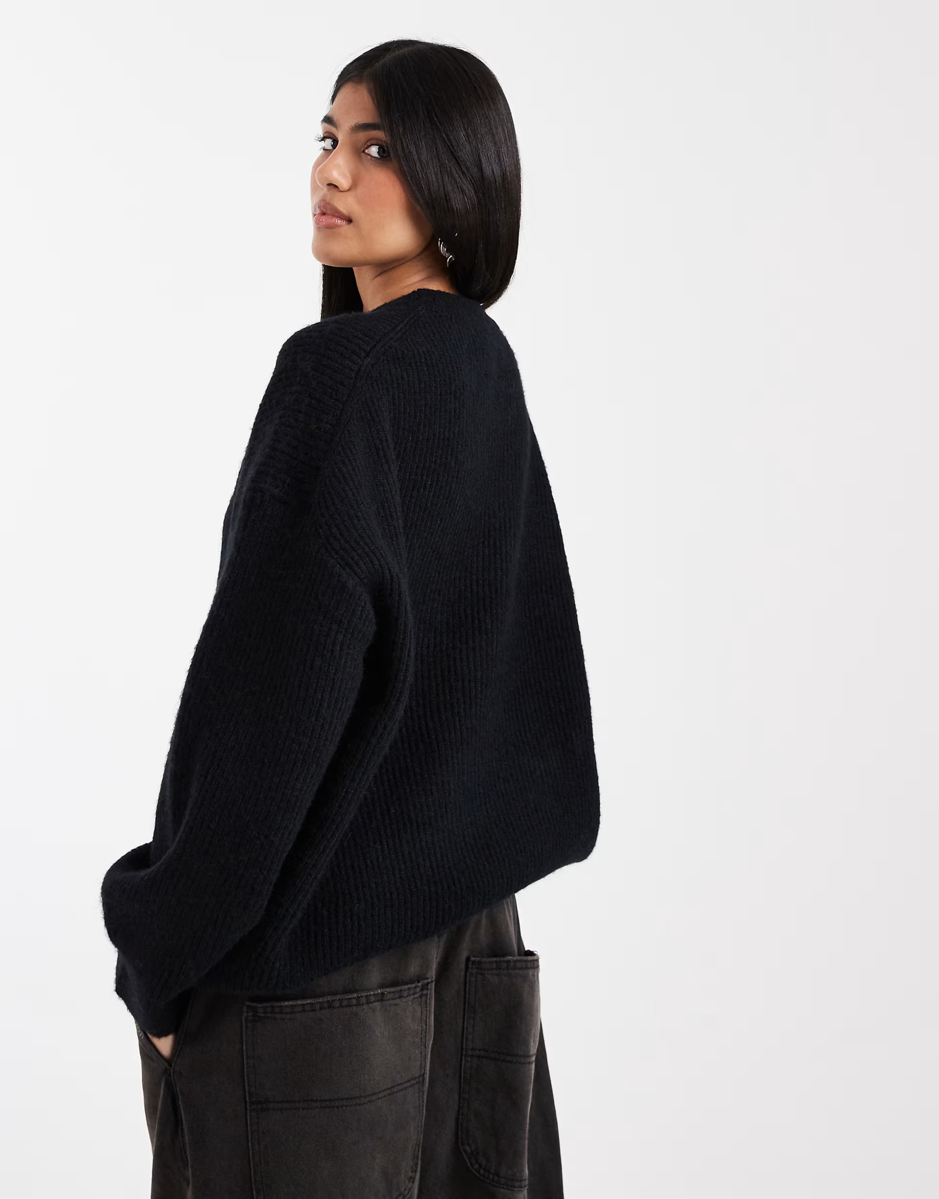 ASOS DESIGN oversized crew neck cocoon jumper in rib in black | ASOS (Global)
