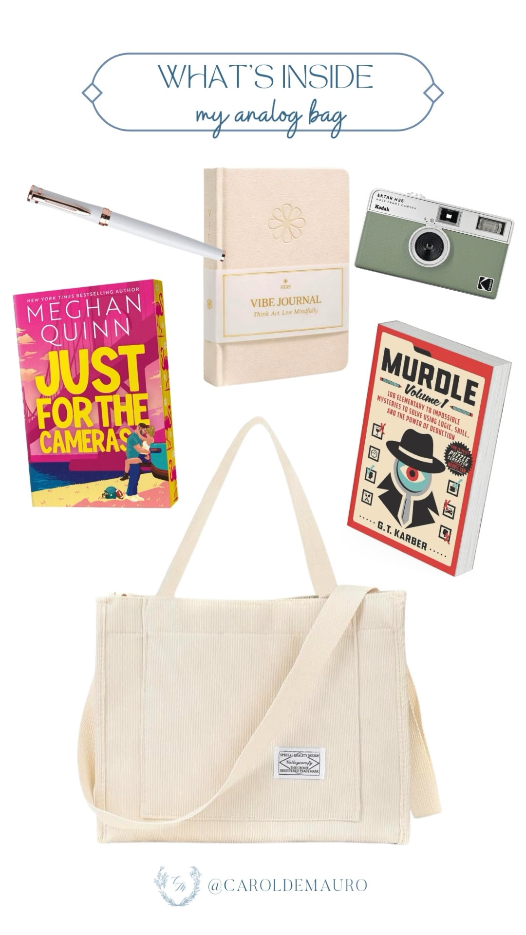 You know that feeling when you just need to leave the digital world behind for an afternoon? This is what I'm packing: a fresh Vibe Journal, a sage Kodak camera to capture memories on film, and a white pen ready for whenever inspiration strikes.

amazon finds, 2026 trend, pamper time, coffee shop must-haves, tote bag, journaling, tech gadgets, book recommendation, murdle, analog hobbies

#LTKSeasonal #LTKU #LTKTravel