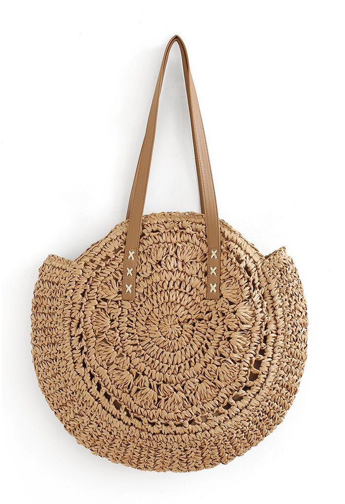 Round Woven Straw Shoulder Bag in Tan | Chicwish