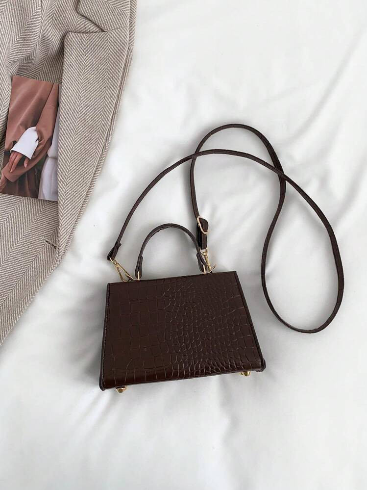 Mini Square Bag Elegant Coffee Brown Twist Lock Crocodile Embossed PU, Animal Print Women Bag | SHEIN