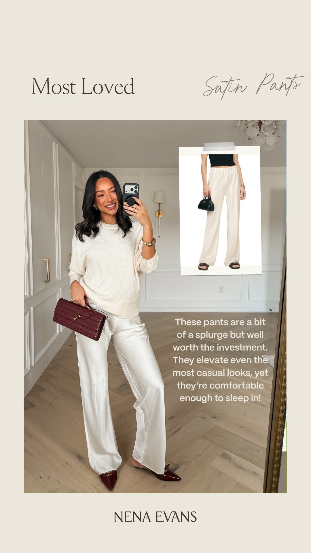 The best satin pants! Pricey but well worth the investment and comes in so many other colors! 🤍 Wearing size S white tee, size M cream sweater and size S satin pull on pants 

Hosting outfit 
Winter outfit 
Winter fashion 
Winter whites 

#LTKFindsUnder100 #LTKSeasonal
