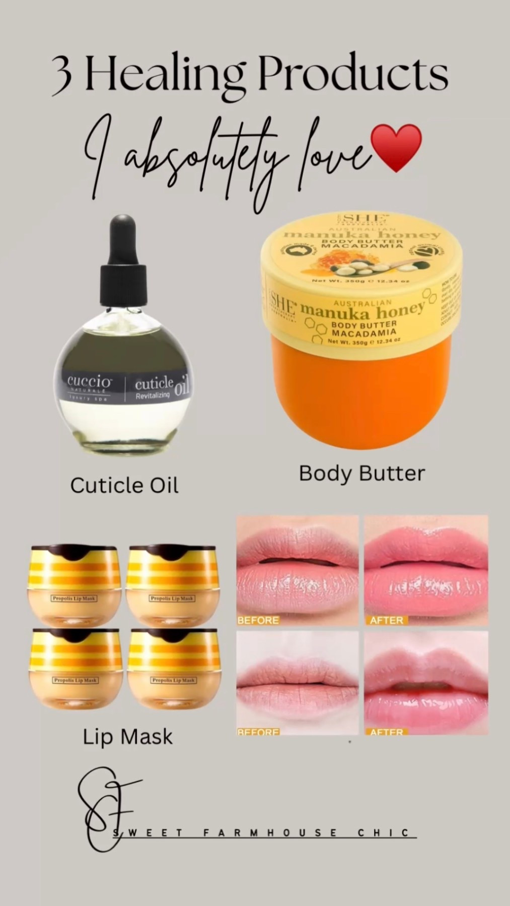 I use all 3 of these fantastic products every night before bed. The cuticle oil smells amazing and the bottle lasts a long time🥰

Cuticle oil, body butter, lip mask