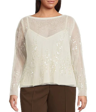Lucy Paris Plus Ginny Sequin Lace Boat Neck Long Sleeves Top | Dillard's | Dillard's