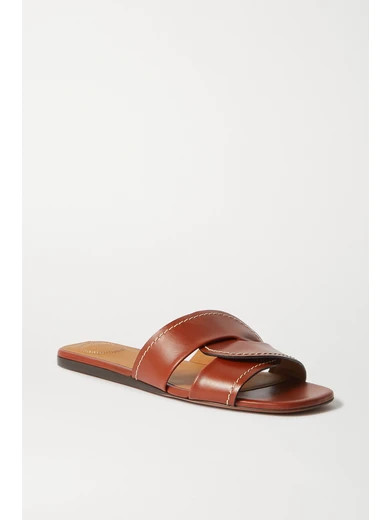 Chloé - Candice Topstitched Leather Slides - Brown | NET-A-PORTER (US)