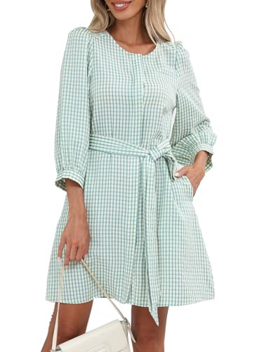 Ladyful Womens Gingham Dress Crewneck 3/4 Puff Sleeve Belted Shirt Dress Plaid Work Short Dresses with Hidden Button Green | Amazon (US)