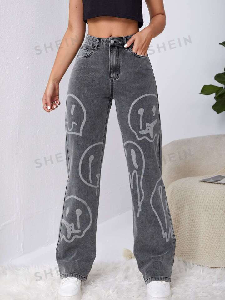 SHEIN High Waist Cartoon Graphic Wide Leg Jeans | SHEIN