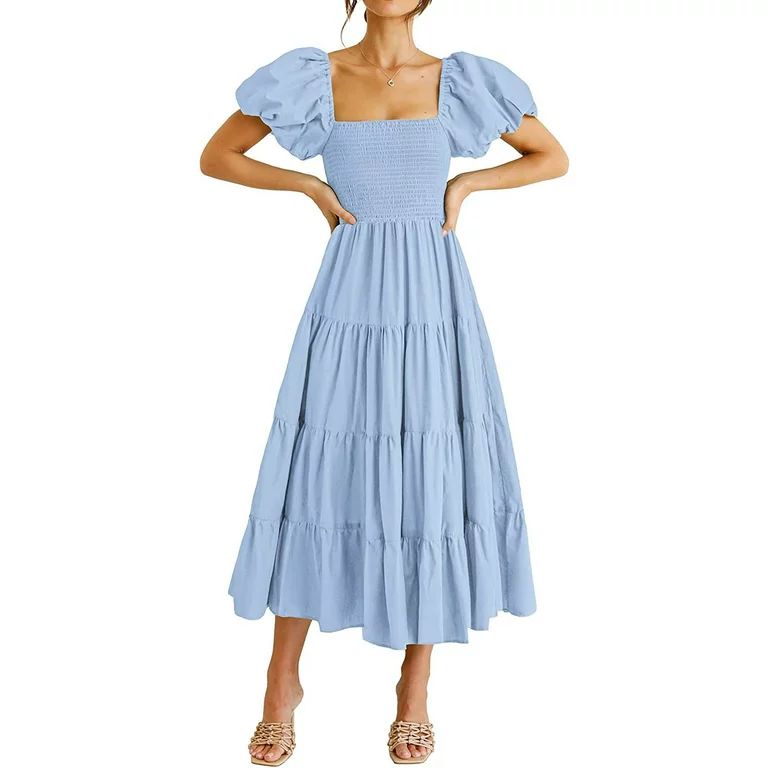 Women's Summer Short Puff Sleeve Smocked Dress Square Neck Long Dresses | Walmart (US)