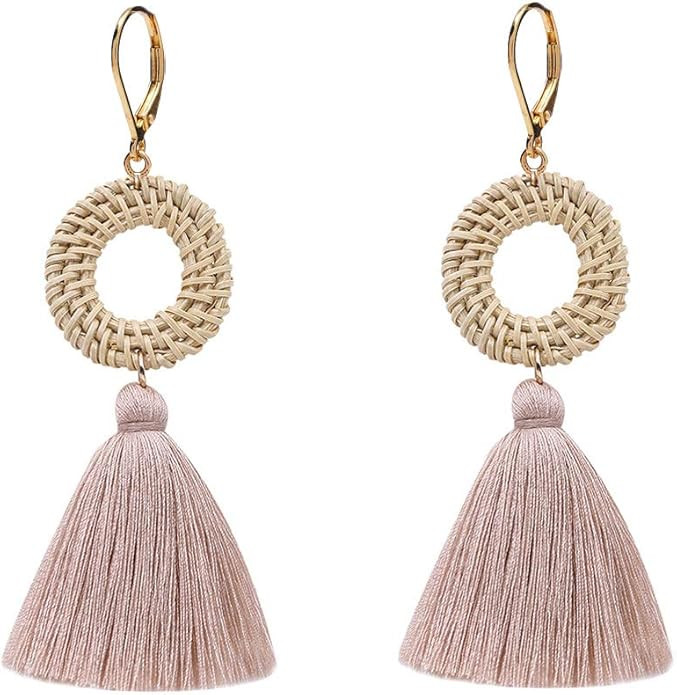 Leverback Earrings Pierced Dangle Circle Woven Rattan Tassel Threads Women Girls Bohemian Fringe | Amazon (US)