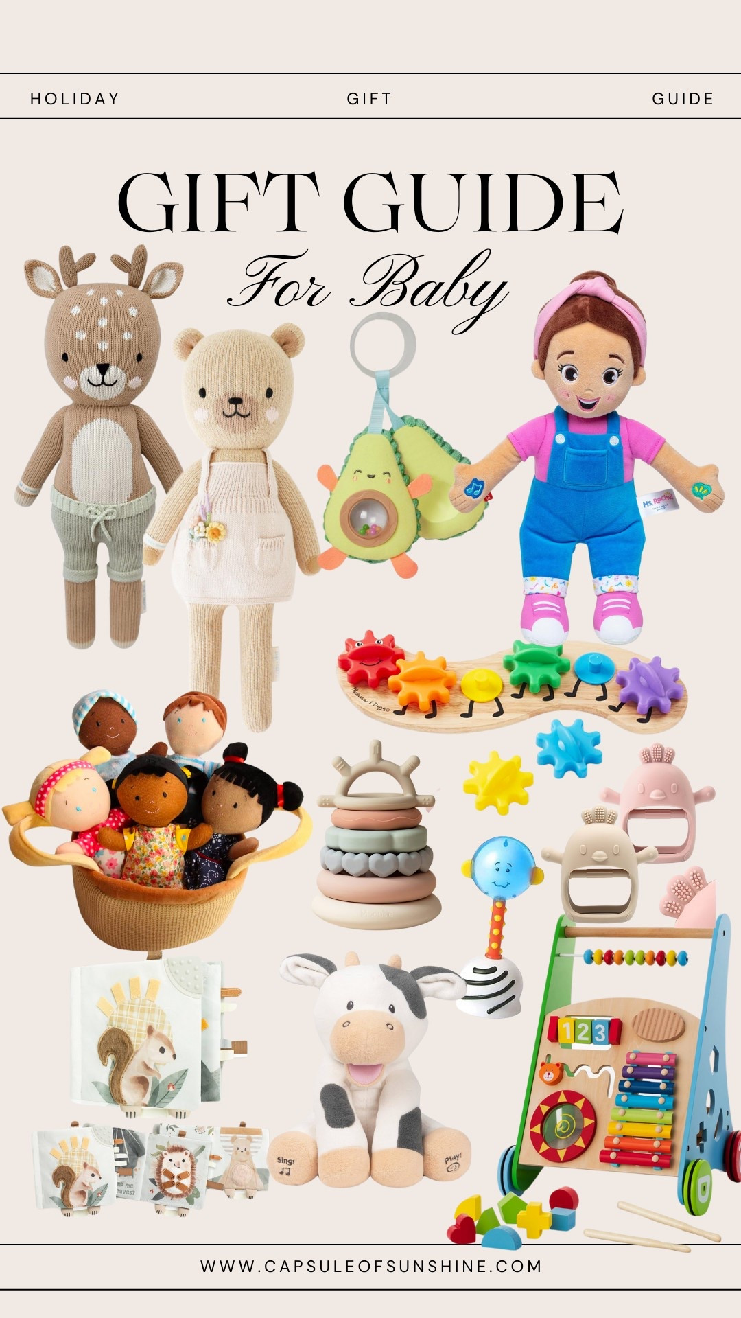 Shopping for the littlest ones this holiday season? 🎁👶 This baby gift guide is full of soft, sensory-friendly, and developmentally engaging toys that make playtime extra special! From cuddly plush friends to musical toys and teethers, these picks are perfect for keeping little hands and minds busy.

Save this for later & shop now on capsuleofsunshine.com!

#GiftGuide #BabyGifts #HolidayGifting #GiftsForBaby #ChristmasGiftIdeas #NewMomLife #SensoryToys #CapsuleOfSunshine

#LTKSeasonal #LTKBaby #LTKKids