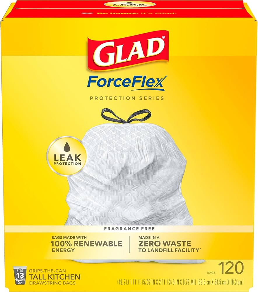Glad Trash Bags, ForceFlex Tall Kitchen Drawstring Garbage Bags, 13 Gallon, Unscented, 120 Count. | Amazon (US)