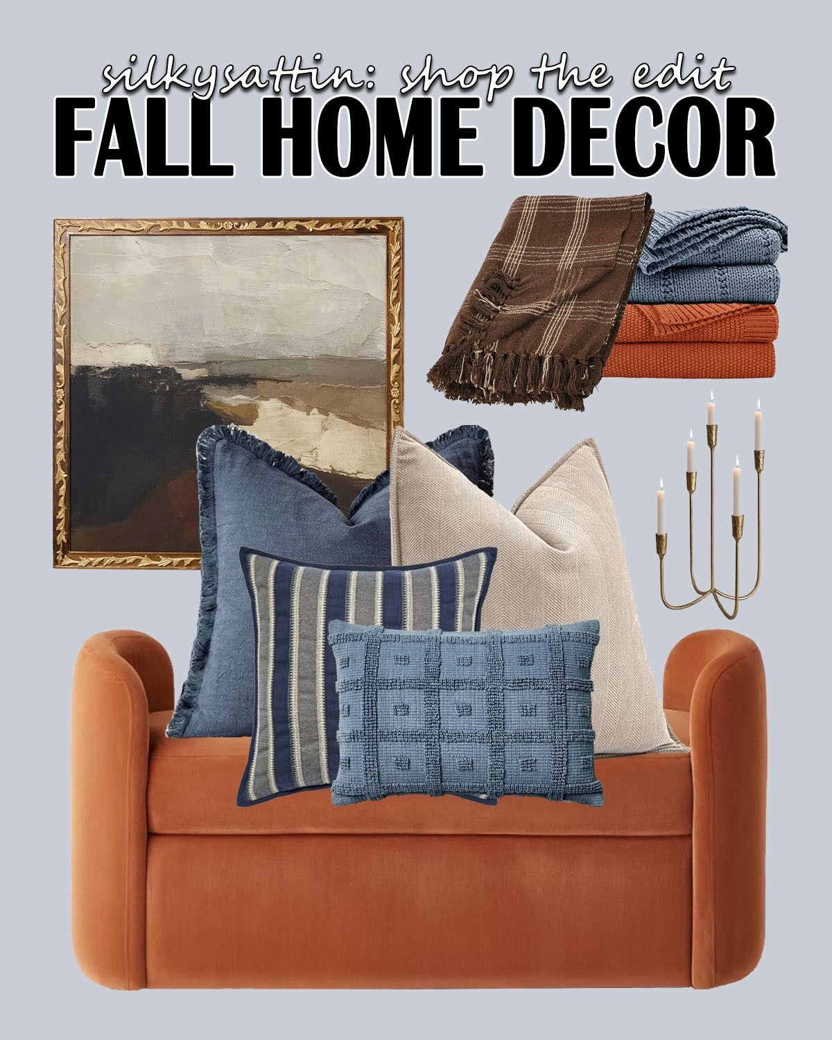 Shop the Edit: Fall Home Decor 

Corn mazes, apple picking, changing foliage and all things pumpkin flavored. Yes, fall is upon us which means it’s time to redecorate! I love how changing even the smallest of details makes your home look completely different. You don’t even have to do too much. Try something simple like replacing the artificial flowers for fall stems and keeping the same vase. You can also change out your couch pillow covers. It really doesn’t take much. 

Here are some ideas to get you started. Our inspiration is: shades of blue and orange.

#blue #orange #gold #homedecor #fall #decor

#LTKHome #LTKSeasonal #LTKHoliday
