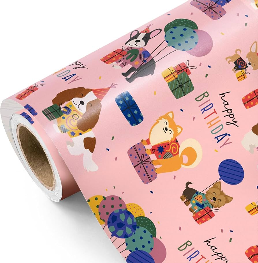 WRAPAHOLIC Dog Birthday Wrapping Paper Roll - Mini Roll - 17 Inch x 9.8 Feet - Pink Birthday Puppy Dog Wrapping Paper, Perfect for Girls Kids Party, Baby Shower | Amazon (US)