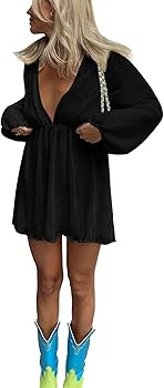 LYANER Women's Sexy Plunging V Neck Pleated Balloon Long Sleeve Short Mini Dress | Amazon (US)