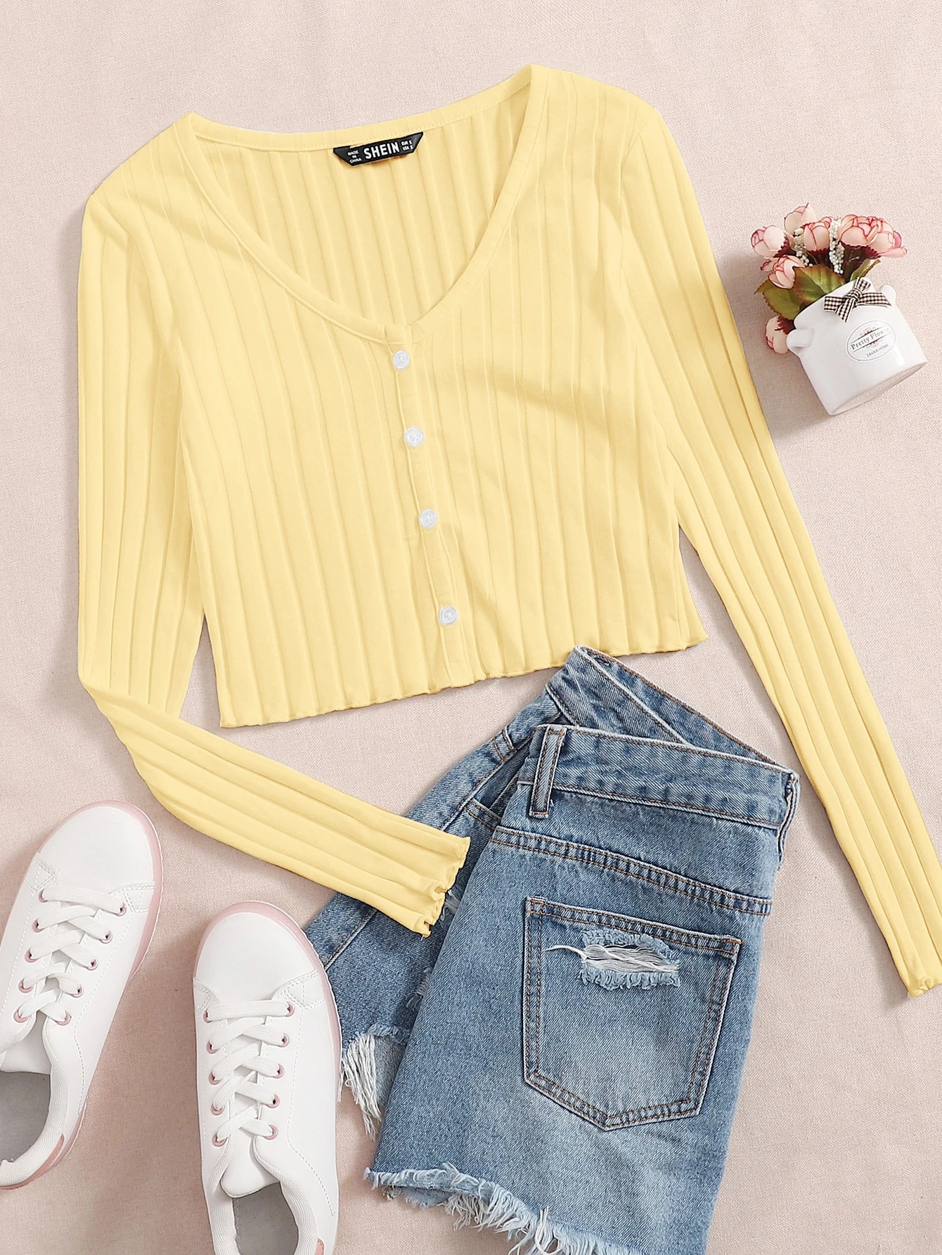 SHEIN Lettuce Trim Button Front Rib-knit Tee | SHEIN