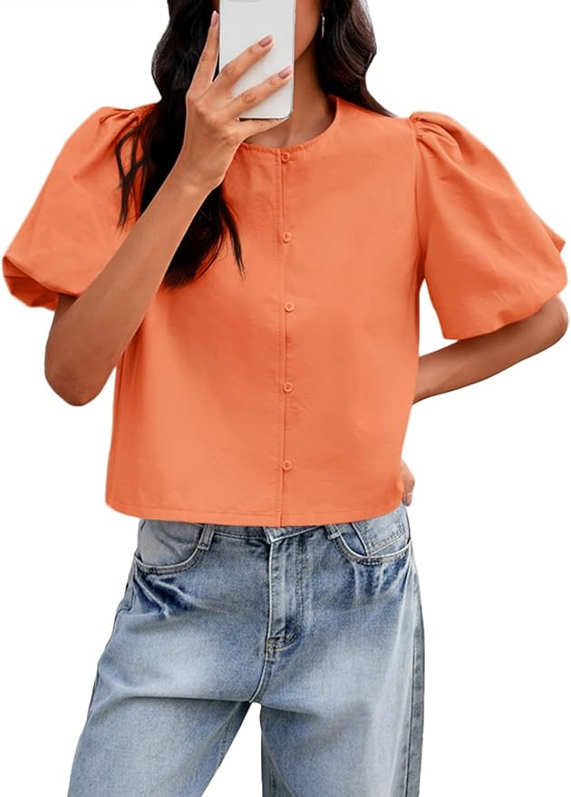 Tankaneo Womens Cropped Tops Puff Sleeve Button Down Shirts Trendy Casual Loose Fit Cute Blouse | Amazon (US)