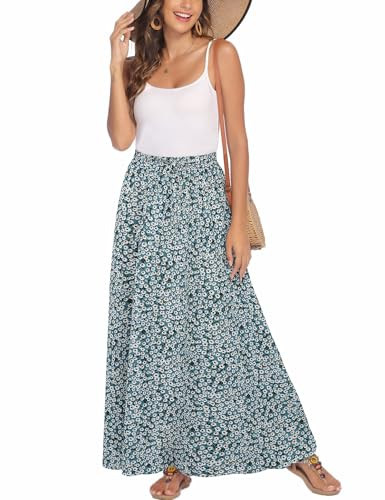 Bluetime Women Flowy Long Skirts Summer Beach Pleated Elastic High Waisted Casual Maxi Skirts (M, Floral31) | Amazon (US)