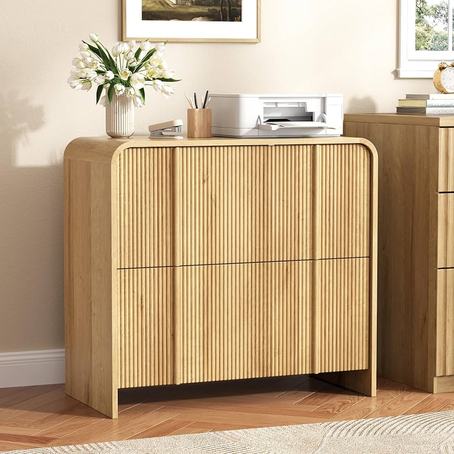 Vabches Lateral File Cabinet with 2 Drawers,Modern Fluted File Cabinet with Adjustable Hanging Ro... | Amazon (US)
