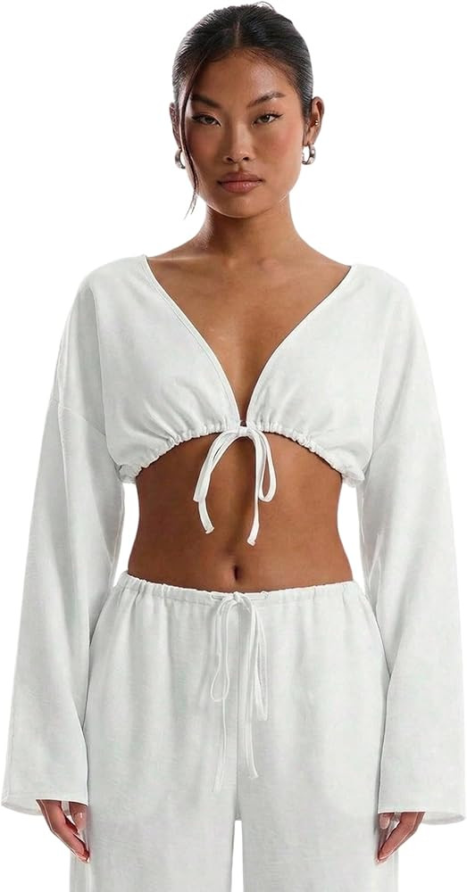 SweatyRocks Women's Tie Front Long Sleeve Loose Crop Blouses Deep V Neck Beach Vacation Top | Amazon (US)