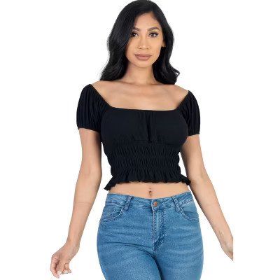 Slickblue Women's Ribbed Knit Puff Sleeve Top, Ruched Shoulder Detail, Short Sleeve Tee, Black, Size L | Target