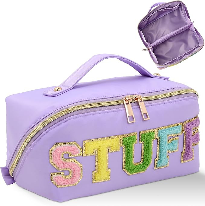 Stoney Clover Preppy Makeup Bag, Large Capacity Travel Cosmetic Bag, Chenille Letter Open Flat Ny... | Amazon (US)