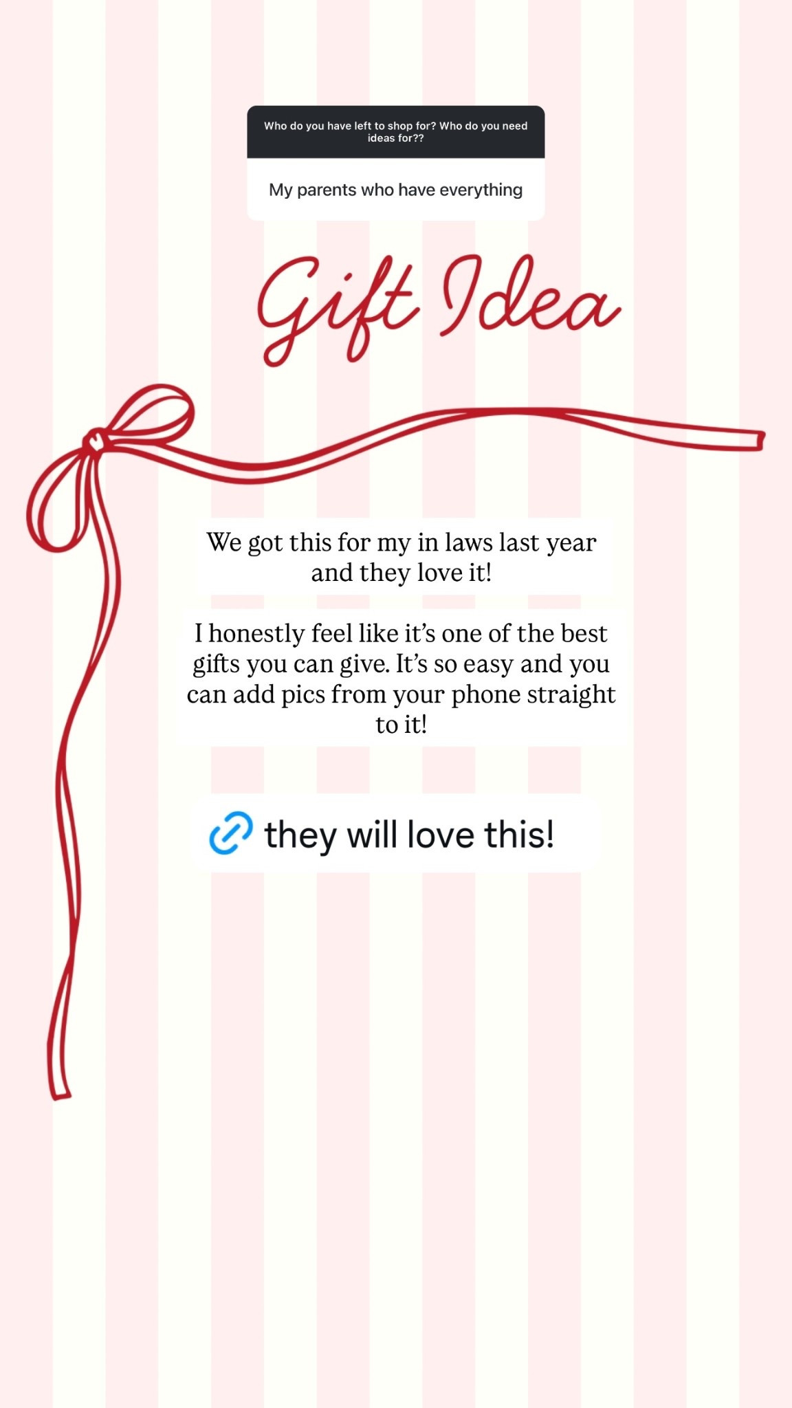 We got this for my in laws last year and they love it!

I honestly feel like it’s one of the best gifts you can give. It’s so easy and you can add pics from your phone straight to it!
