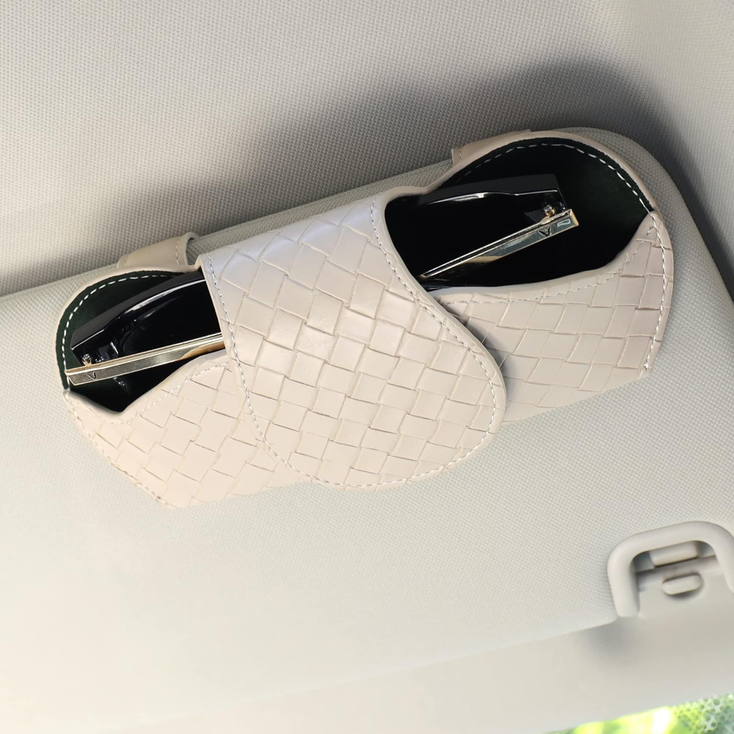 KINIVA Sunglasses Holder for Car Visor Leather Glasses Case with Clips for Car Visor Automotive Interior Visor Accessories Apply to All Car Models (09 Beige) | Amazon (US)