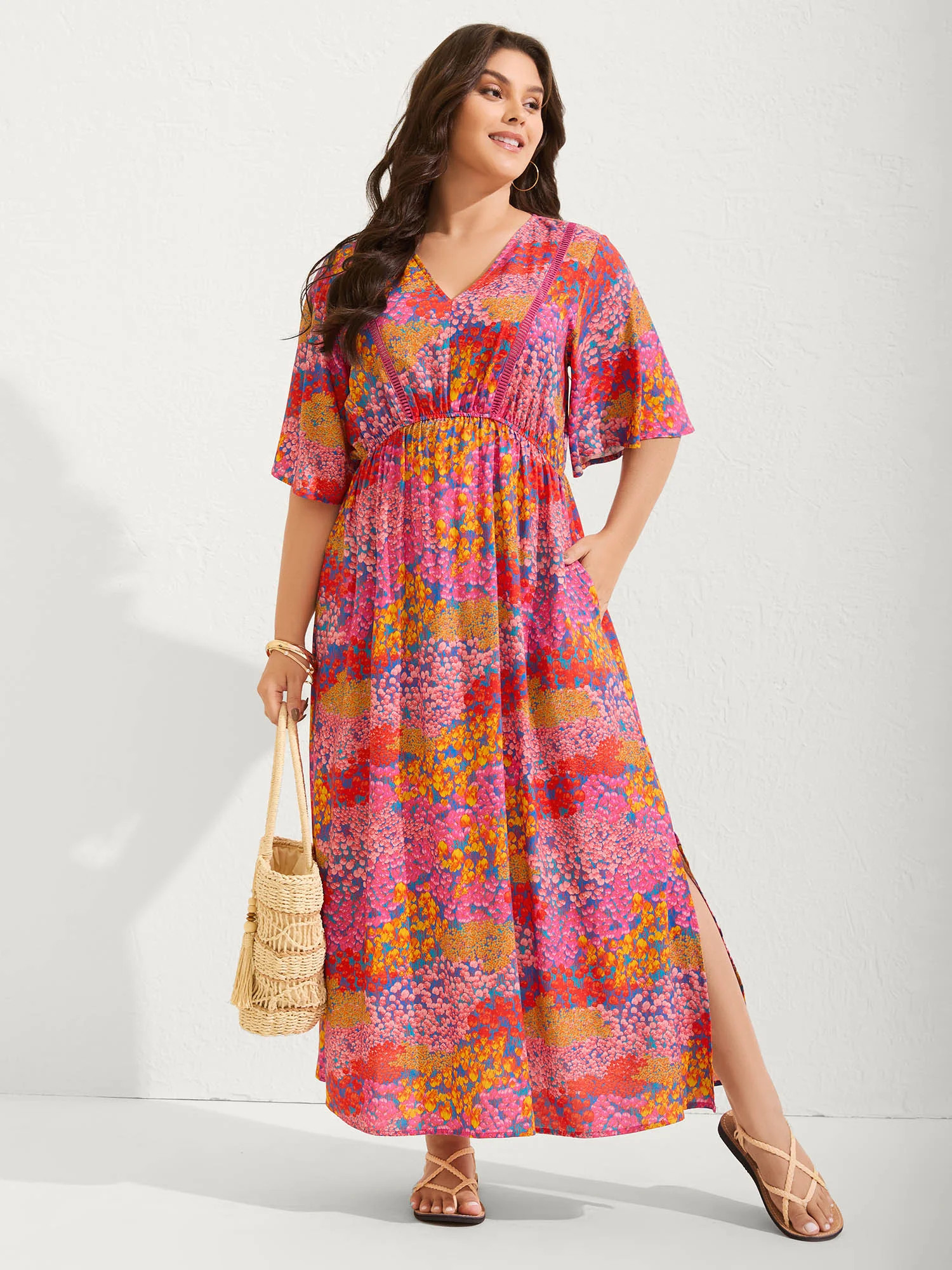 Floral Lace Trim Flowy Sleeve Midi Dress | Bloomchic