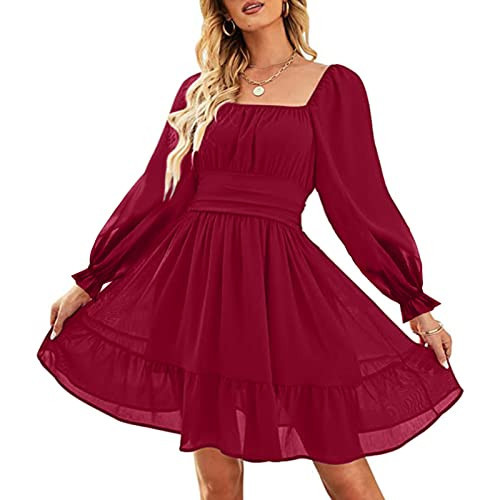 ZAFUL Women's Square Neck Off Shoulder Tie Back Long Lantern Sleeve Ruffle Short Dress A-Line Mini Dress Wine Red | Amazon (US)
