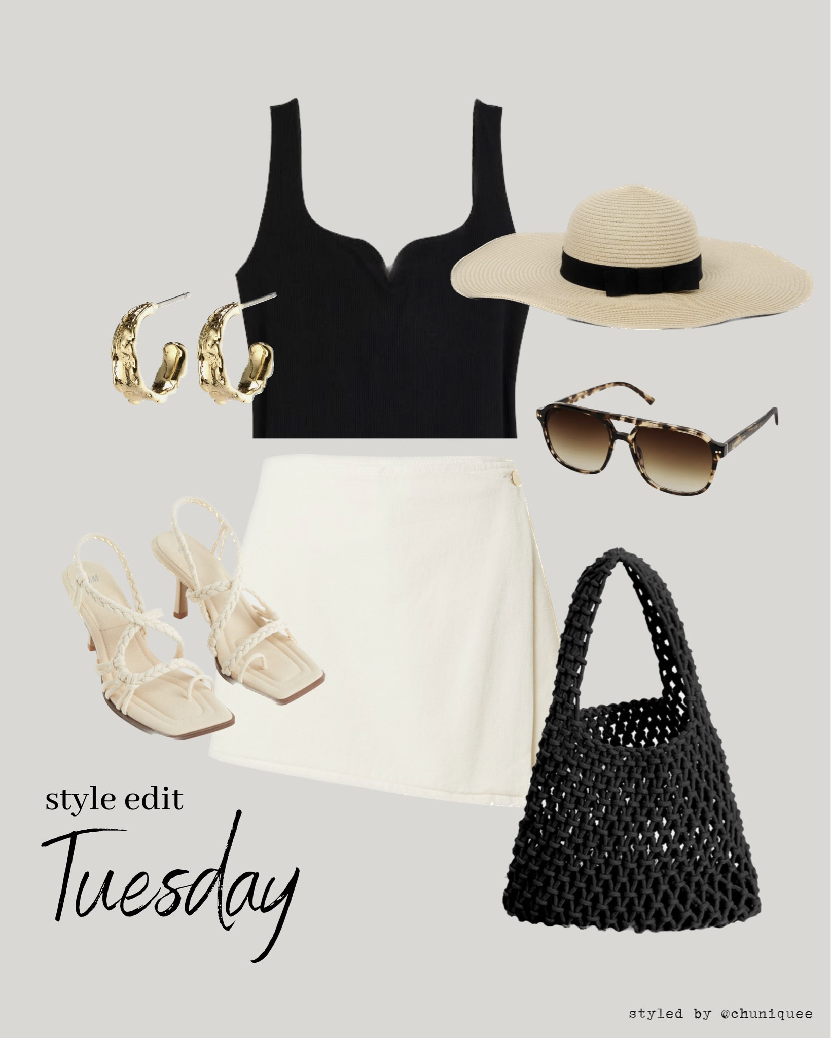 "Effortlessly chic summer vibes with this beige mini skirt, black crochet bag, straw hat, statement earrings, leopard print sunglasses, and high-heeled open-toe crochet sandals. Elevate your summer style with these must-have pieces! 💫✨ #summerfashion #outfitinspiration #crochetstyle #leopardprint #ltkfashion

#LTKFind #LTKstyletip #LTKSeasonal