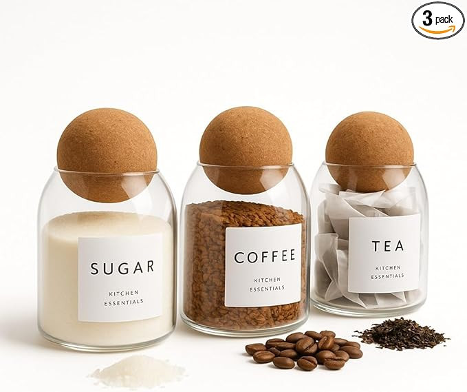 Coffee Tea Sugar Container Set - 3 Unique Cork Ball (17oz) Glass Jars -Kitchen Canister Set of 3-... | Amazon (US)