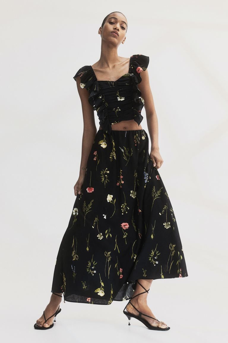 Linen-blend maxi skirt - Black/Floral - Ladies | H&M GB | H&M (UK, MY, IN, SG, PH, TW, HK)