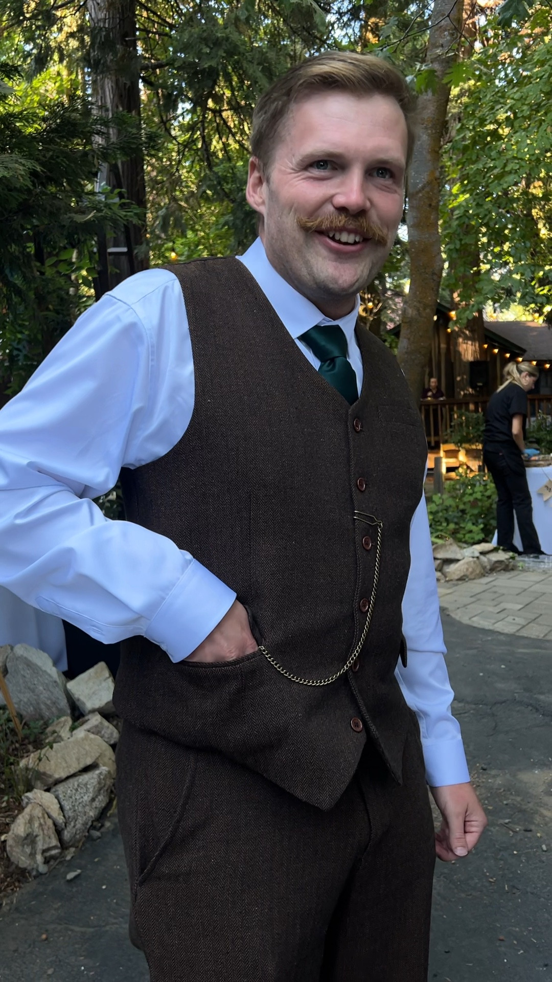 My brother loved his bridesman gift (a custom wooden pocket watch) and his tweed suit! I love that the guys loved what we chose for them for our wedding. #groomsmen #bridesman #weddingparty #tweedsuit #weddingoutfits 