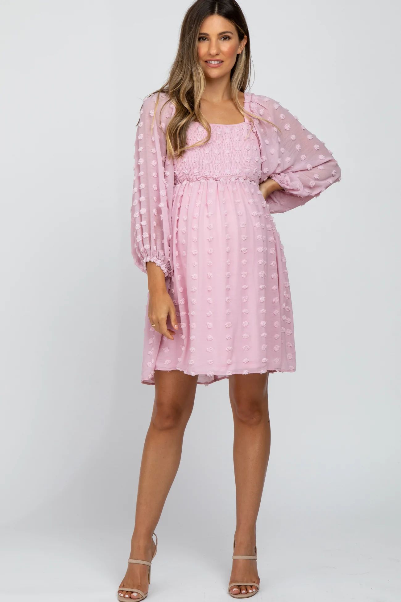 Pink Textured Dot Smocked Square Neck Chiffon Maternity Dress | PinkBlush Maternity