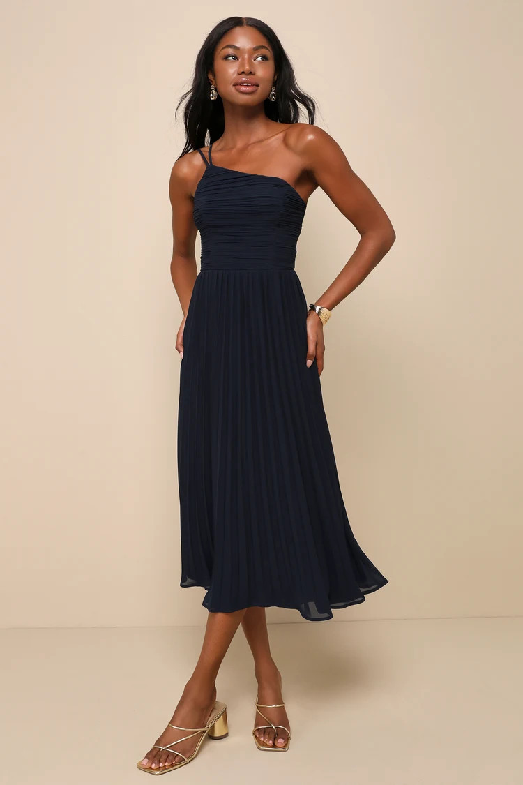 Wondrous Muse Navy Blue Pleated One-Shoulder Midi Dress | Lulus