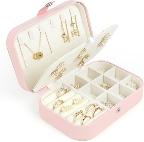 Travel Jewelry Box, Small Jewelry Organizer Boxes for Women Girls, 2 Layer Travel Jewlery Case, PU Leather Mini Portable Jewerly Storage Display Holder for Earrings, Ring, Necklaces, Bracelets(Pink 1) | Amazon (US)