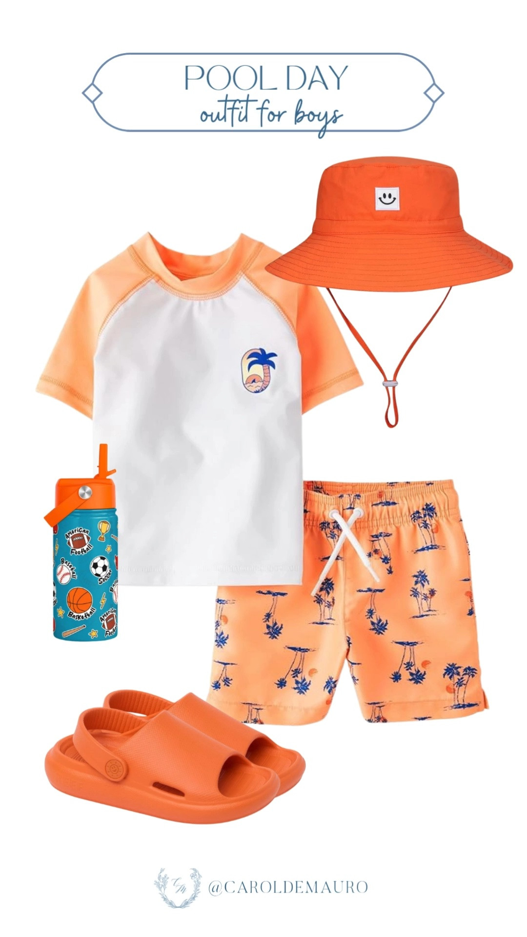 pool day, outfit for boys, summer look, orange outfit, toddler wardrobe, bucket hat, kids swimwear, waterproof sandals for kids, kids tumbler, sippy cup

#LTKKids #LTKSwim