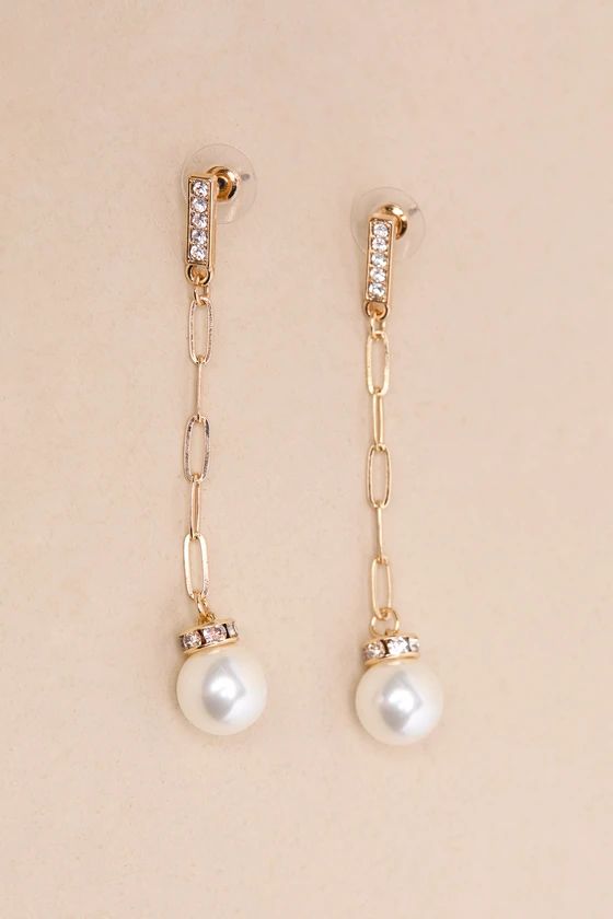 Mesmerizing Glitter Gold Rhinestone Pearl Chain Drop Earrings | Lulus
