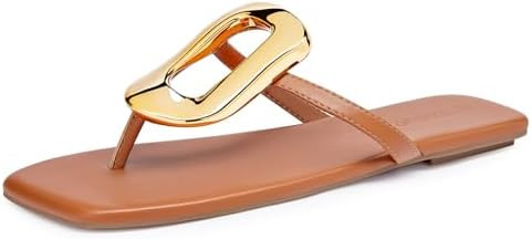 Coutgo Womens Flat Sandals Comfortable Flip Flops Slide Sandals Summer Beach Shoes with Metal Dec... | Amazon (US)